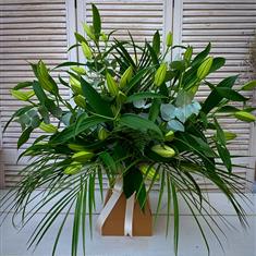 Hand tied Lily bouquet in aqua box